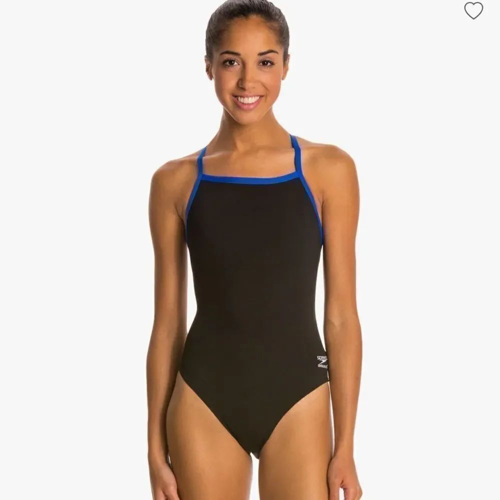 NWT New SPEEDO Solid Endurance+ Flyback Racing Swimsuit Black Blue Trim 22